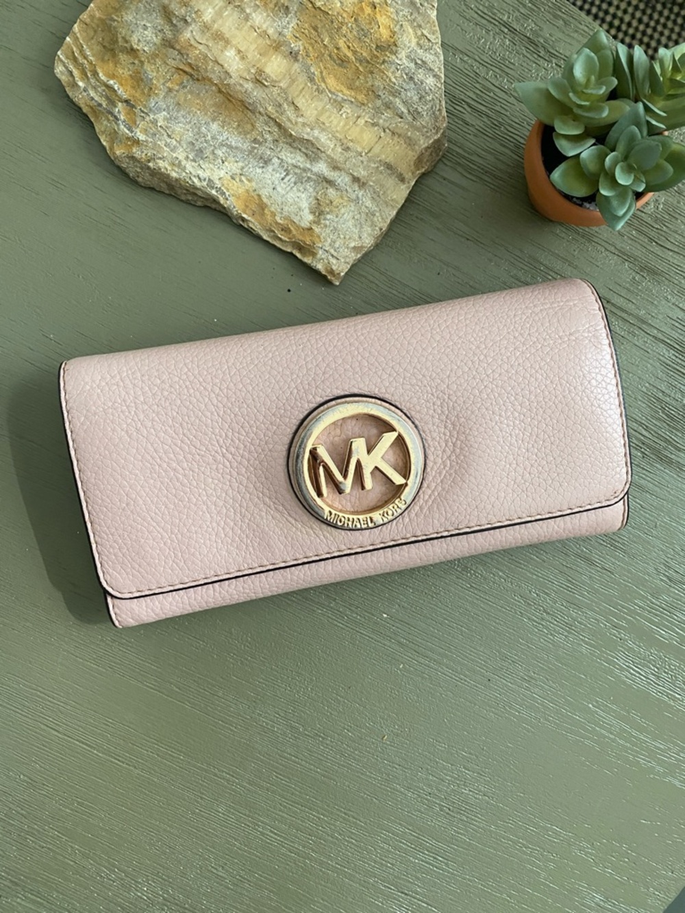 Michael Kors Light Pink Pebble Leather Trifold Wallet with Gold MK Logo